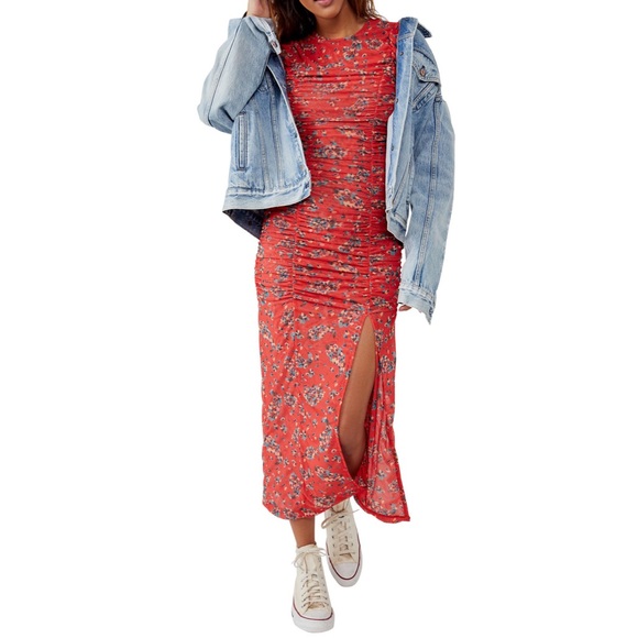 Free People Brielle Red Bloom Combo Ruched Long Slit Dress NWT NEW XL - Picture 6 of 7